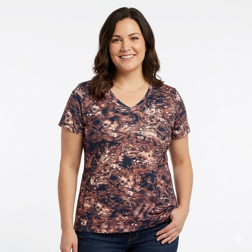Under Armour Tech Printed V-Neck Short Sleeve Tee Women's XL Brown Black Tan